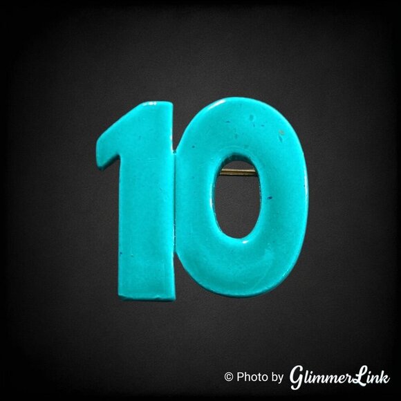 Teal Enamel Number Ten Metal Brooch Pin - Picture 1 of 8